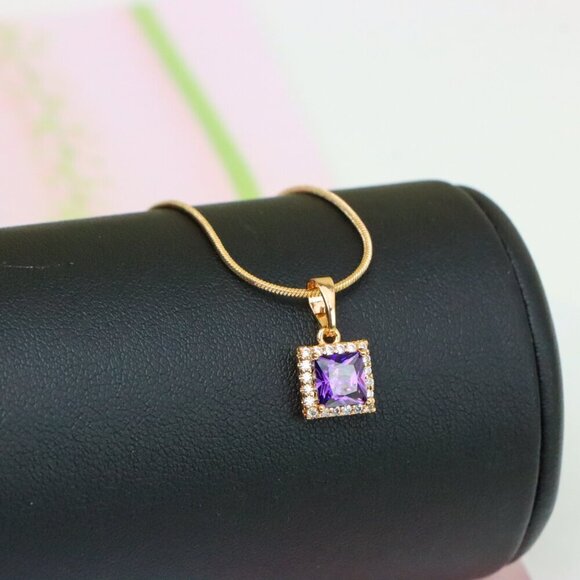 "Rose Gold Pendant with Purple Princess-Cut Stone and Crystal Border, XPPT1277 - Picture 6 of 13